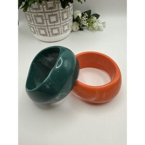 Vintage 70s Wavy‎ Asymmetrical Marbled Plastic Bangle Bracelets Orange & Teal